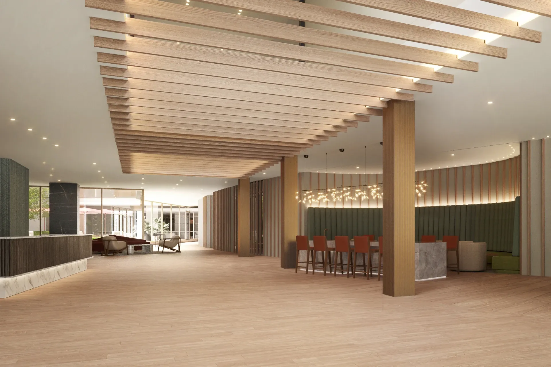 Rendering of a large modern apartment lobby with wood slat ceiling accents, a marble reception desk, contemporary lounge seating and a long table under sculptural lighting.
