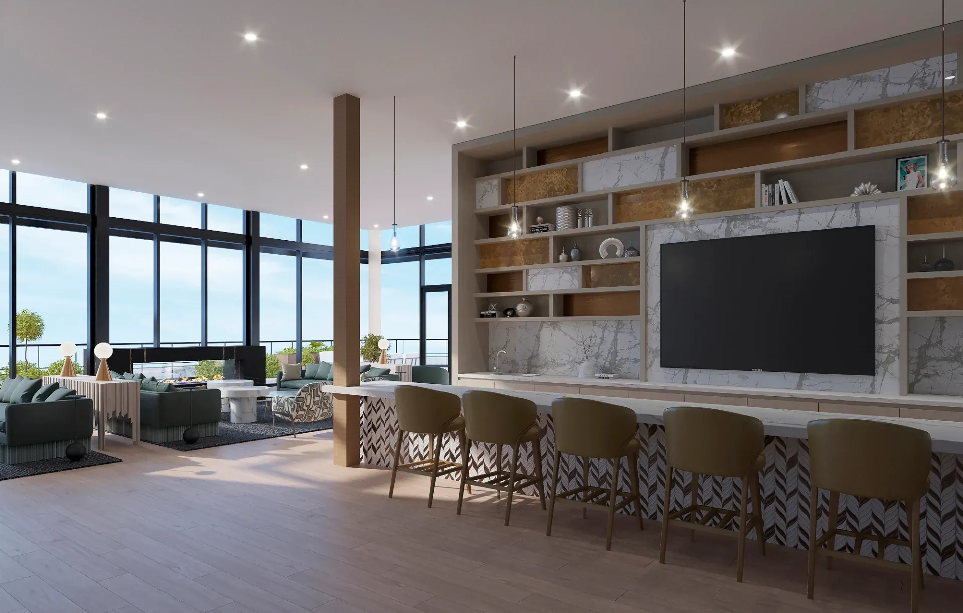 Spacious rooftop clubroom framed by full-height windows and featuring a marble-topped bar with olive-colored seating, built-in shelving and a large wall-mounted TV.