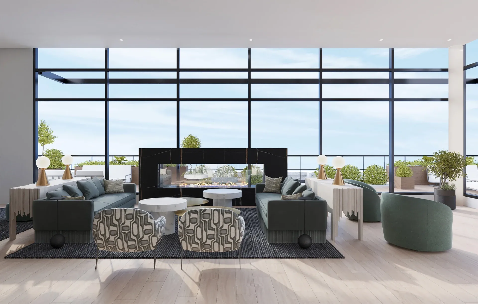 Sophisticated rooftop lounge with central glass fireplace, mid-century inspired seating and floor-to-ceiling windows opening onto a lush terrace.