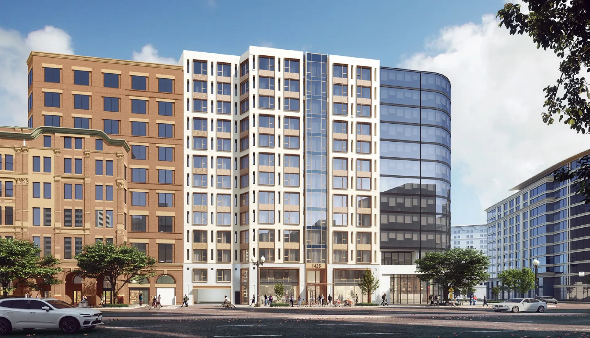 Street view of Accolade's modern façade and welcoming entrance at 1425 New York Avenue NW, which blends warm-toned stone with sleek glass.
