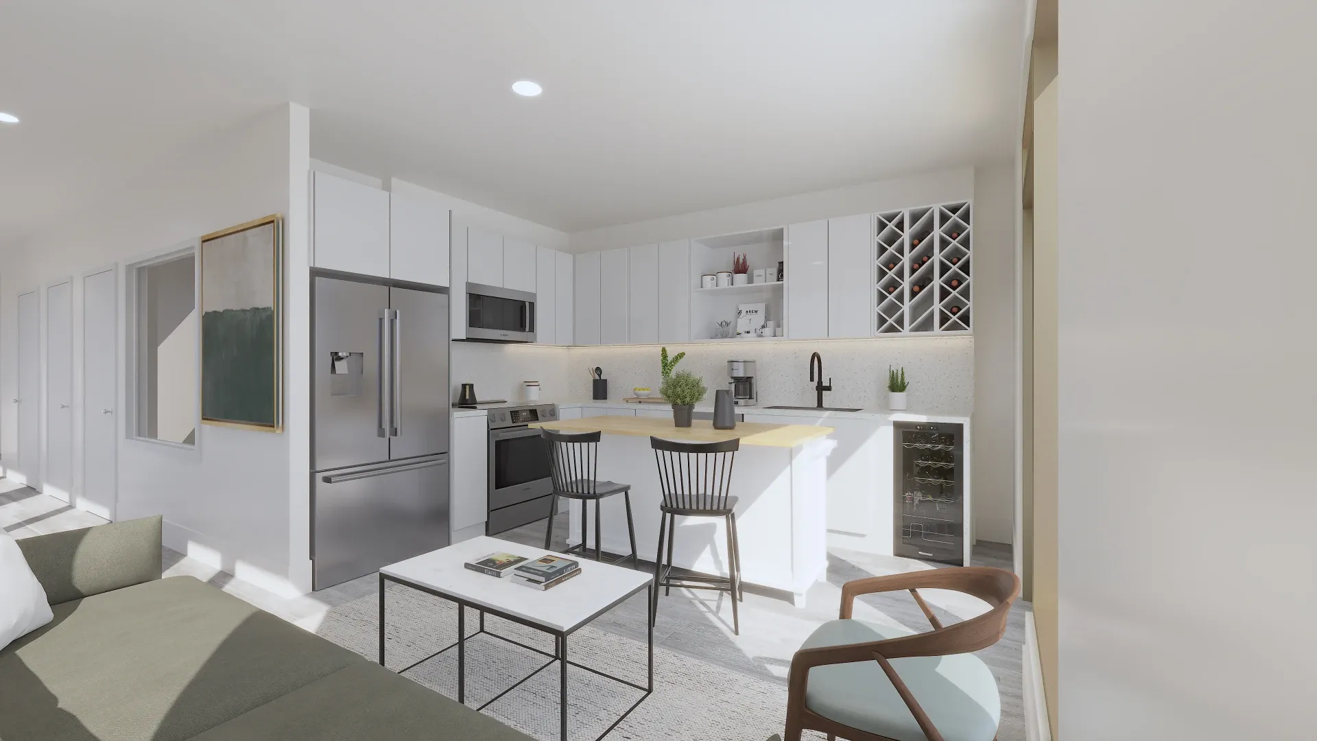 Rendering of a modern gourmet kitchen with waterfall marble island, custom cabinetry, stainless steel appliances and warm lighting in a clean, open layout.
