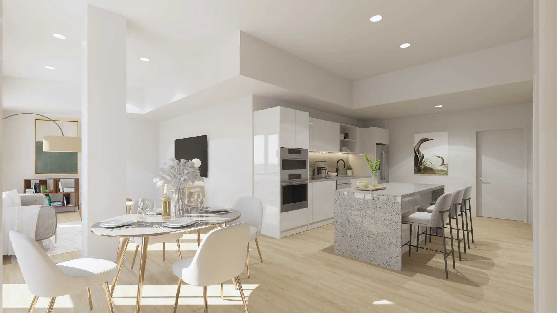 Rendering of a spacious penthouse and gourmet kitchen with waterfall marble island, custom cabinetry and stainless steel appliances
