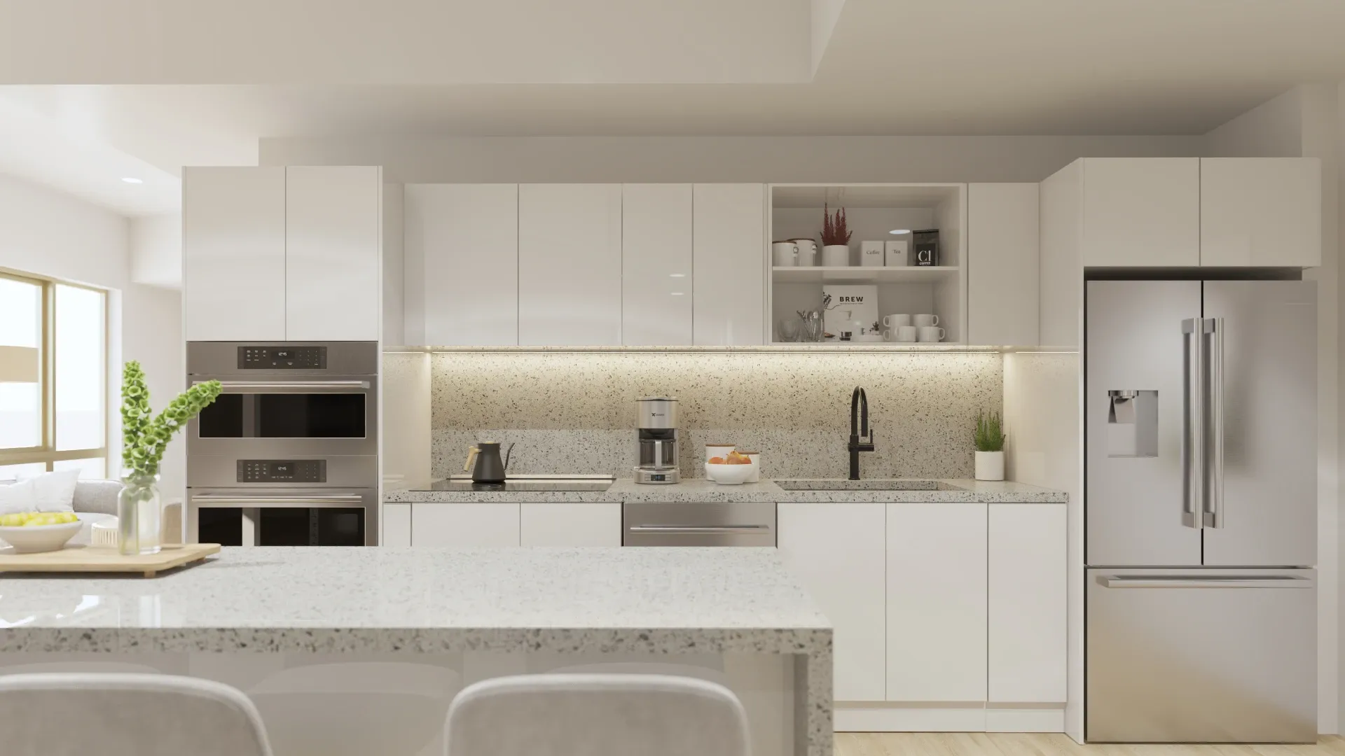 Rendering of a penthouse kitchen with waterfall marble island, custom cabinetry, stainless steel appliances and warm lighting