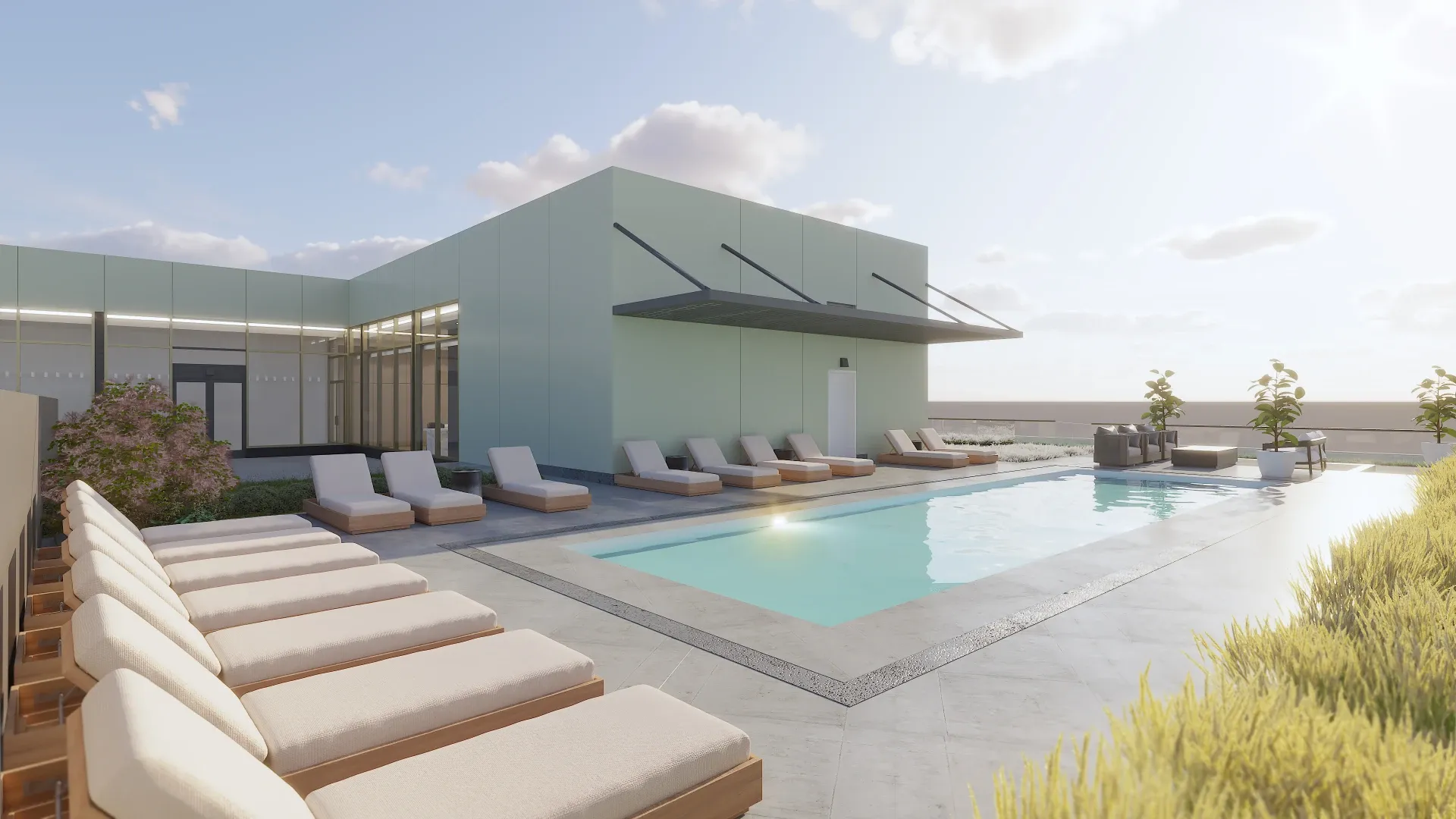 Rendering of the bright and airy rooftop pool at Accolade